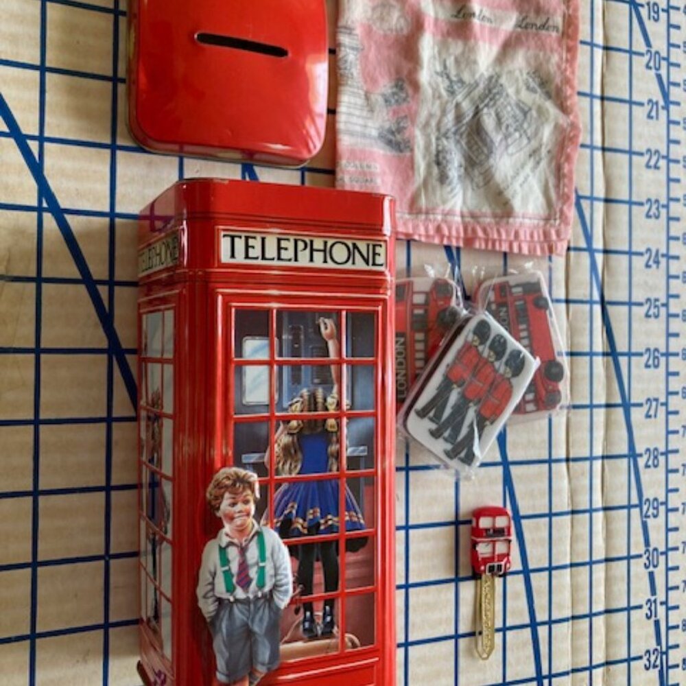 UK London Souvenirs- S/P Shakers, Bank, Erasers, Paper Clip + Handkerchief